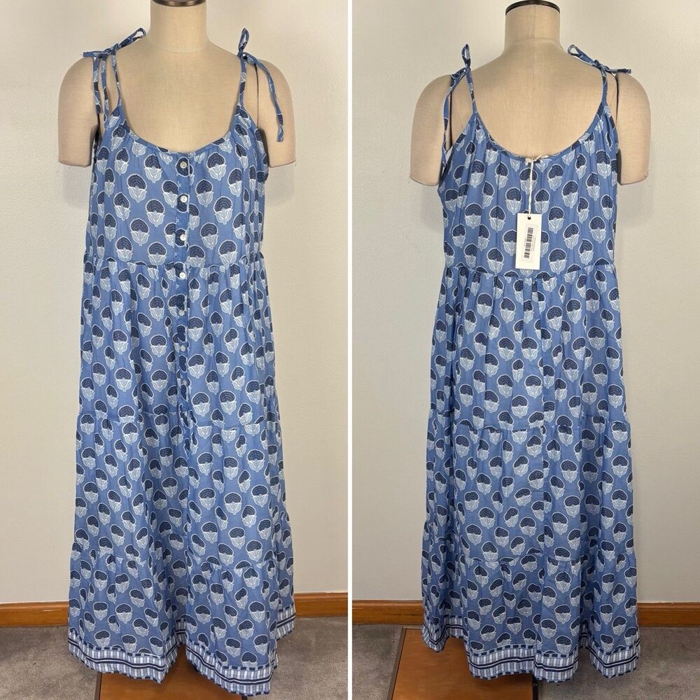 NWT Tuckernuck Marea Maxi Dress L Siesta Blue Indian Flower Cotton Prairie Boho
